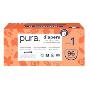 Pura Size 1 Eco-Friendly Diapers (4-11lbs) Hypoallergenic, Soft Organic Cotton Comfort, Sustainable, Wetness Indicator Allergy UK, Recyclable Paper Packaging. 3 Packs of 32 (96 Baby Diapers)