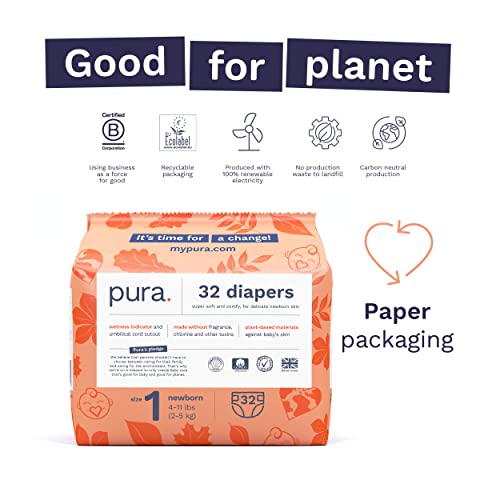 Pura Size 1 Eco-Friendly Diapers (4-11lbs) Hypoallergenic, Soft Organic Cotton Comfort, Sustainable, Wetness Indicator Allergy UK, Recyclable Paper Packaging. 3 Packs of 32 (96 Baby Diapers)