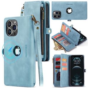 caseme logo view for iphone 13 pro max magsafe wallet case credit card holder,pu leather flip lanyard strap wristlet zipper wireless charging women men for iphone 13 pro max phone case(tiffany blue)