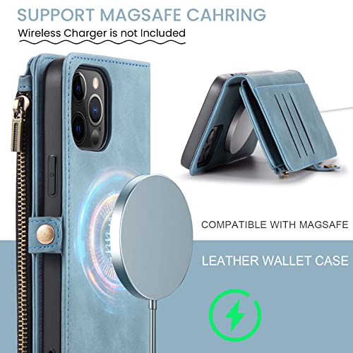CaseMe Logo View for iPhone 13 Pro Max Magsafe Wallet Case Credit Card Holder,PU Leather Flip Lanyard Strap Wristlet Zipper Wireless Charging Women Men for iPhone 13 Pro Max Phone case(Tiffany Blue)
