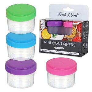 mosjos condiment containers with screw lids (4-piece) - reusable leakproof salad dressing containers to go - small mini food storage cups for lunch, dishwasher friendly, 1.4-ounce