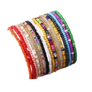 17Pcs Elastic Beaded Handmade Bracelets Bohemian Stackable Beaded Stretch Bracelets Colorful Boho Beach Anket Bracelet Set Rainbow Handmade Seed Beach Bracelet Summer Jewelry for Women Girl