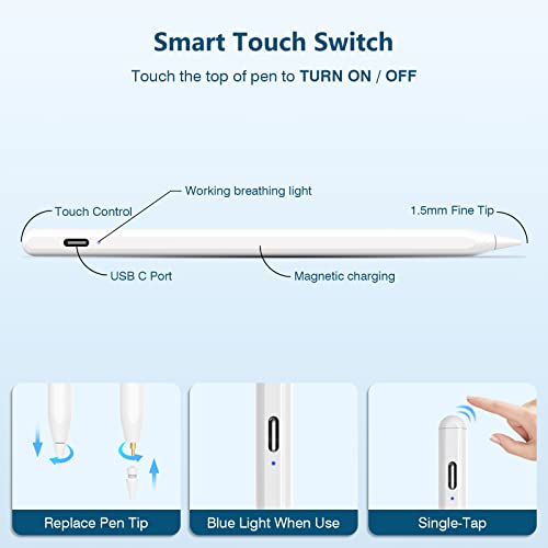 Stylus Pen for iPad Pencil, Compatible with Apple Pencil 2nd Generation with Magnetic Wireless Charging, for 2018-2023 iPad 10/9/8/7/6 iPad Pro iPad Mini 5/6 iPad Air 5/4/3