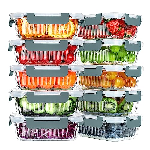 KOMUEE 10 Packs 22 oz Glass Meal Prep Containers, Glass Food Storage Containers with Lids, Airtight Glass Lunch Containers, BPA Free, Microwave, Oven, Freezer and Dishwasher Friendly, Gray