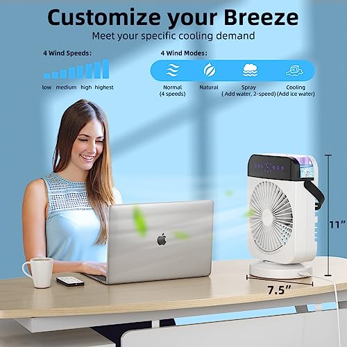 QVCQ Portable Air Conditioners, Upgraded 4 Speeds Mini Ac Unit with Remote, Small Air Cooler with Oscillating/Timer/Night Light Function, Personal Desktop Cooling Misting Fan For Room Office Outdoor