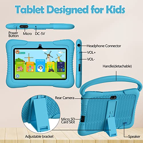 2023 Newest Kids Tablet, 7 Inch Tablet for Kids, 2GB 32GB(Support 128GB Expand), Parental Control Android 11.0, WiFi Bluetooth Dual Camera, YouTube, Netflix, Disney Plus, Case with Stand(Blue)