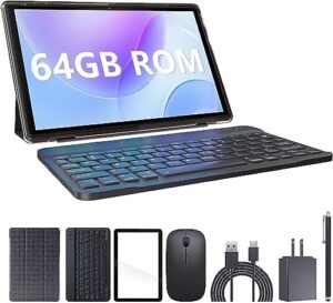 tablet with keyboard, 10.1 inch android 11 tablet pc, 2023 newest 2gb+64gb storage quad-core processor, 8mp dual camera, 6000mah, wifi, gps, bluetooth, 512gb expandable, 1280x800 ips full hd display