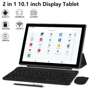 Tablet with Keyboard, 10.1 inch Android 11 Tablet PC, 2023 Newest 2GB+64GB Storage Quad-core Processor, 8MP Dual Camera, 6000mAh, WiFi, GPS, Bluetooth, 512GB Expandable, 1280x800 IPS Full HD Display