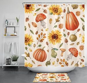 hvest fall shower curtain and bathroom rugs, pumpkin sunflower autumn leaf and mushroom on beige shower curtain with bath mat, 72x72 inches farmhouse fall thanksgiving bathroom shower curtain set