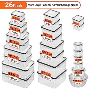 JSCARES 52 PCS Food Storage Container with Lid (26 Lids & 26 Containers) - Airtight Plastic Kitchen Organization Set Reusable Microwave/Freezer/Dishwasher Safe Meal Prep Container with Label & Pen