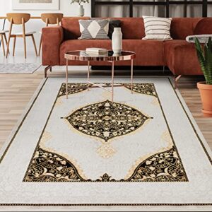 antep rugs babil gold 8x10 oriental bordered high low textured traditional indoor area rug, beige black, 7'10" x 10'