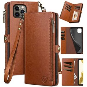xcasebar for iphone 13 pro 6.1" wallet case with zipper credit card holder【rfid blocking】, flip folio book pu leather phone case shockproof cover women men for apple 13 pro case light brown