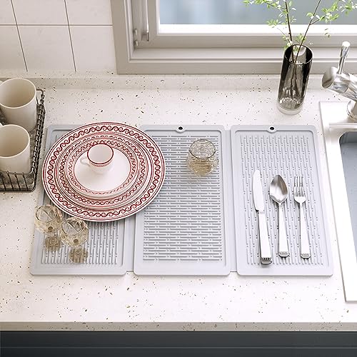 Zoiwdur Dish Drying Mat for Kitchen Counter, Collapsible Dish Drying Pad, Heat-Resistant Silicone Dish Drainer Mat with Non-Slip Backed, for Sink, Drawer Liner(24 x 13 Inches)