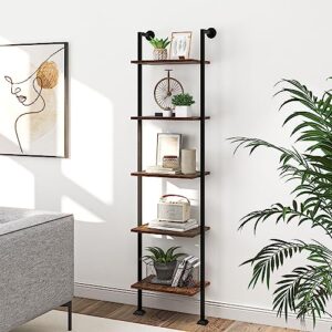 axeman 5-tier ladder shelf, tall narrow bookcase for small spaces, book storage organizer case for living room, home office, study, industrial style black metal frame and rustic brown shelf