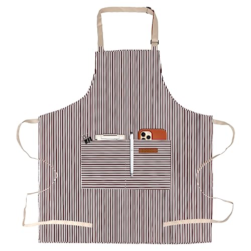 APRONPANDA Adjustable Kitchen Cooking Apron with 2 Pockets Unisex Bib Chef Aprons for Women Men (Brown Pinstripes)