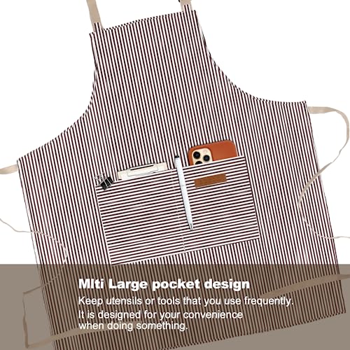 APRONPANDA Adjustable Kitchen Cooking Apron with 2 Pockets Unisex Bib Chef Aprons for Women Men (Brown Pinstripes)