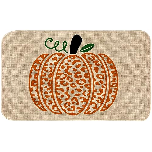 AnyDesign Pumpkin Doormat Fall Front Door Mat with Anti-Slip Rubber Back Orange Leopard Print Pumpkin Floor Mat Rug for Thanksgiving Autumn Harvest Farmhouse Kitchen Bedroom, 17 x 29 Inch