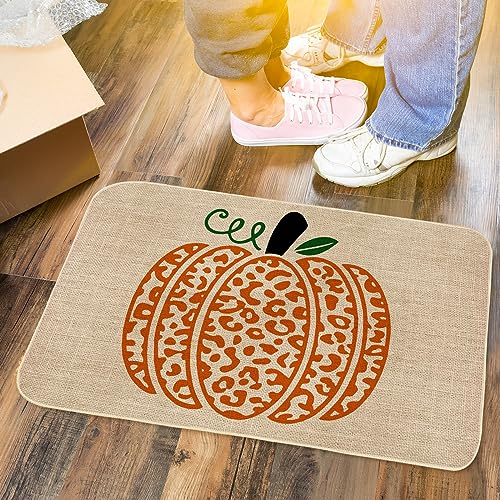 AnyDesign Pumpkin Doormat Fall Front Door Mat with Anti-Slip Rubber Back Orange Leopard Print Pumpkin Floor Mat Rug for Thanksgiving Autumn Harvest Farmhouse Kitchen Bedroom, 17 x 29 Inch