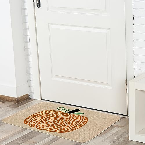 AnyDesign Pumpkin Doormat Fall Front Door Mat with Anti-Slip Rubber Back Orange Leopard Print Pumpkin Floor Mat Rug for Thanksgiving Autumn Harvest Farmhouse Kitchen Bedroom, 17 x 29 Inch