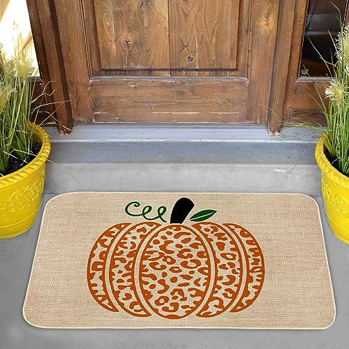 AnyDesign Pumpkin Doormat Fall Front Door Mat with Anti-Slip Rubber Back Orange Leopard Print Pumpkin Floor Mat Rug for Thanksgiving Autumn Harvest Farmhouse Kitchen Bedroom, 17 x 29 Inch