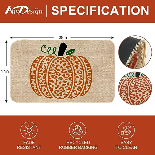 AnyDesign Pumpkin Doormat Fall Front Door Mat with Anti-Slip Rubber Back Orange Leopard Print Pumpkin Floor Mat Rug for Thanksgiving Autumn Harvest Farmhouse Kitchen Bedroom, 17 x 29 Inch