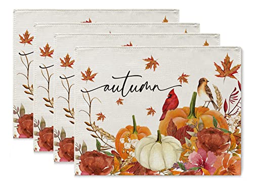 Fall Placemats Pumpkin Cardinals Maple Leaves Floral Paddy Autumn Harvest Placemats Set of 4 for Seasonal Home Kitchen Dining Table Party Decor 12 x 16 Inch