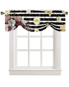 tie up curtain valance window topper 1 panel 42x12in,blooming flowers gold butterfly gardon adjustable rod pocket short curtains window shade valances for kitchen bedroom windows,black white stripe
