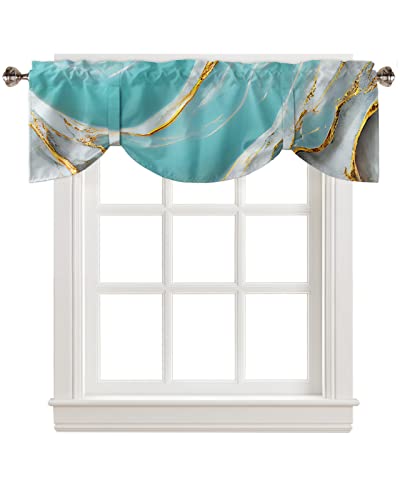 Tie Up Curtain Valance Window Topper 1 Panel 54x18in,Wild Agate Marble Stone Texture Adjustable Rod Pocket Short Window Shade Valances for Kitchen Bedroom Windows,Natural Abstract Aqua White Gold