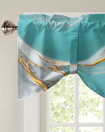 Tie Up Curtain Valance Window Topper 1 Panel 54x18in,Wild Agate Marble Stone Texture Adjustable Rod Pocket Short Window Shade Valances for Kitchen Bedroom Windows,Natural Abstract Aqua White Gold