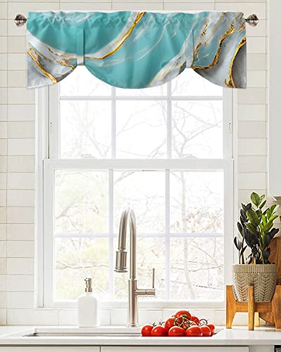 Tie Up Curtain Valance Window Topper 1 Panel 54x18in,Wild Agate Marble Stone Texture Adjustable Rod Pocket Short Window Shade Valances for Kitchen Bedroom Windows,Natural Abstract Aqua White Gold