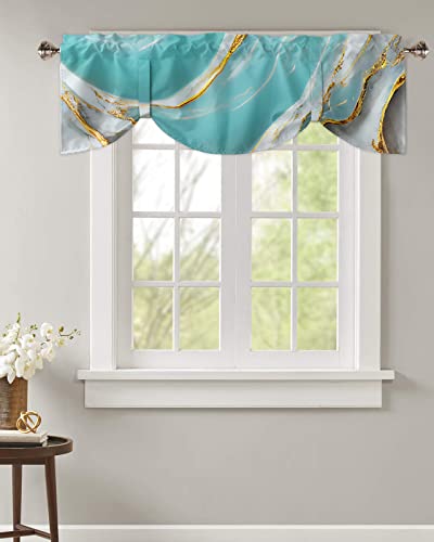 Tie Up Curtain Valance Window Topper 1 Panel 54x18in,Wild Agate Marble Stone Texture Adjustable Rod Pocket Short Window Shade Valances for Kitchen Bedroom Windows,Natural Abstract Aqua White Gold