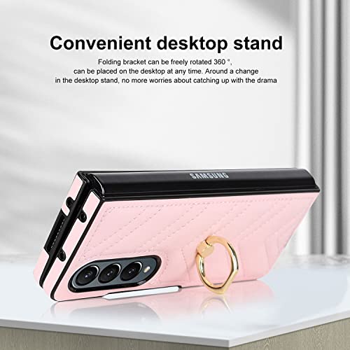 Case for Samsung Galaxy Z FOLD 3 5G,Luxury PU Leather + Hard PC Ultra Thin Slim Durable Protective Shockproof Phone Cover with Ring for Samsung Galaxy Z FOLD 3 5G(Pink)