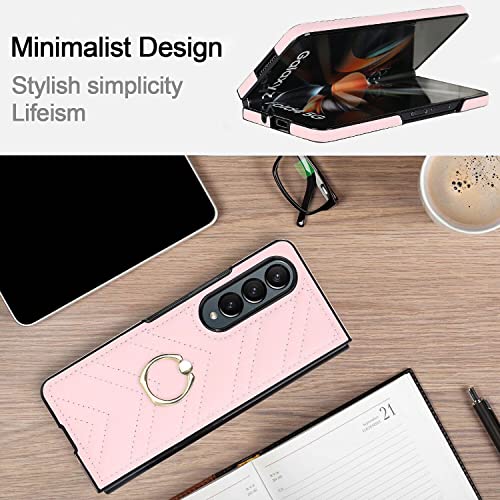 Case for Samsung Galaxy Z FOLD 3 5G,Luxury PU Leather + Hard PC Ultra Thin Slim Durable Protective Shockproof Phone Cover with Ring for Samsung Galaxy Z FOLD 3 5G(Pink)