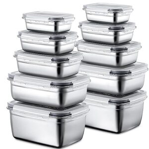 nuanchu 10 pcs stainless steel food storage containers with lids metal meal prep containers rectangular bento lunch box set leak proof airtight for adults dishwasher microwave refrigerator (dark gray)