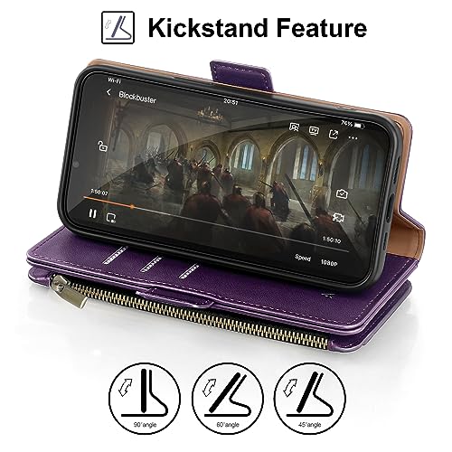 Antsturdy iPhone 13 Wallet case with Card Holder for Women Men,【RFID Blocking】 iPhone 13 Phone case PU Leather Flip Folio Shockproof Cover with Strap Zipper Credit Card Slots,(Purple)