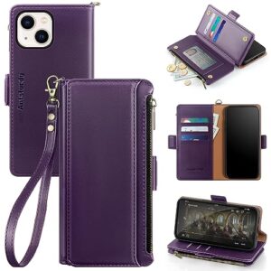 antsturdy iphone 13 wallet case with card holder for women men,【rfid blocking】 iphone 13 phone case pu leather flip folio shockproof cover with strap zipper credit card slots,(purple)