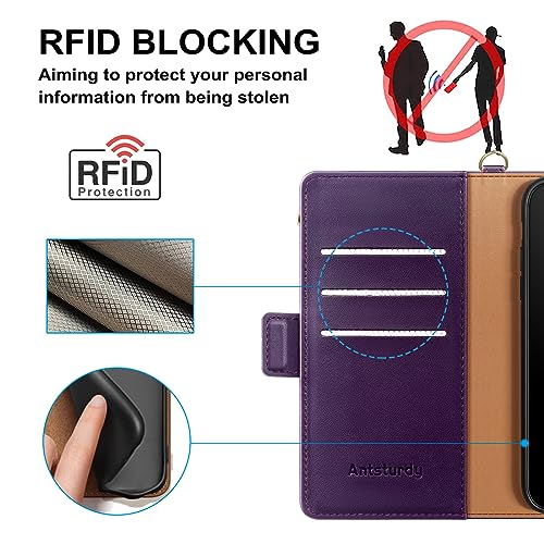 Antsturdy iPhone 13 Wallet case with Card Holder for Women Men,【RFID Blocking】 iPhone 13 Phone case PU Leather Flip Folio Shockproof Cover with Strap Zipper Credit Card Slots,(Purple)