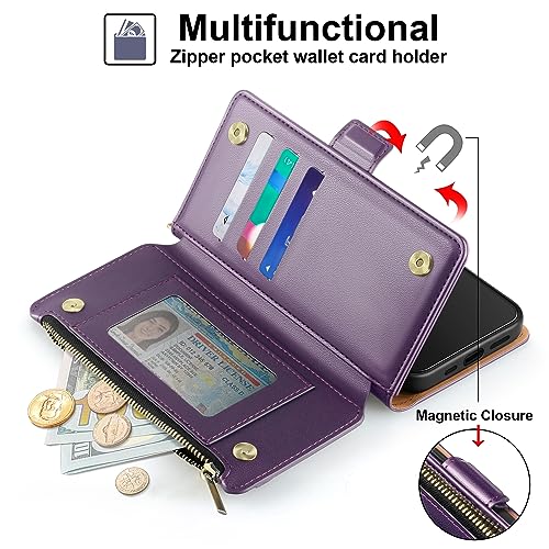 Antsturdy iPhone 13 Wallet case with Card Holder for Women Men,【RFID Blocking】 iPhone 13 Phone case PU Leather Flip Folio Shockproof Cover with Strap Zipper Credit Card Slots,(Purple)