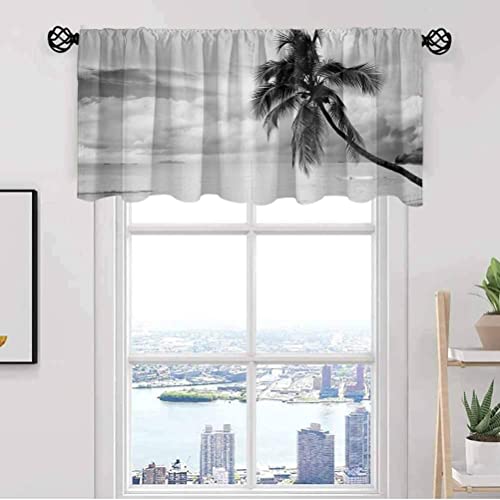 Ocean Palm Trees Kitchen Curtain, White Gold Beach Rod Pocket Valances for Kitchen/Living Room, 42 x 18 in, Blue