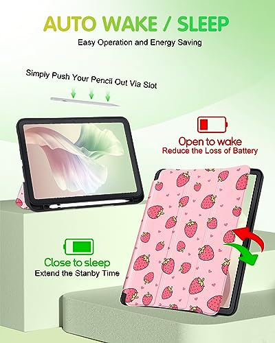 Uppuppy for iPad Air 5th/4th Generation Case 10.9, for iPad Pro 11 Inch Case Girls Cute Kids Women Folio Cover Pencil Holder Strawberry Design Girly Kawaii for Apple iPad Air 5/4 (2022/2020)/Pro 11"