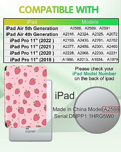 Uppuppy for iPad Air 5th/4th Generation Case 10.9, for iPad Pro 11 Inch Case Girls Cute Kids Women Folio Cover Pencil Holder Strawberry Design Girly Kawaii for Apple iPad Air 5/4 (2022/2020)/Pro 11"