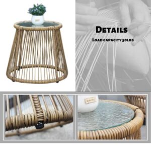 Backrest Wicker Chair Handmade Rattan Chair Outdoor Wicker Chair Set with Metal Feet, Pillows, Seat Cushions and Round Tempered Glass Table for Patio,Balcony,Backyard, Natural Color