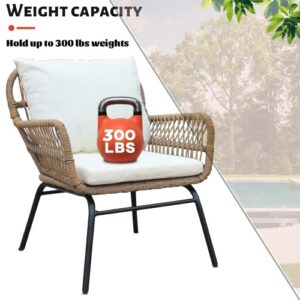 Backrest Wicker Chair Handmade Rattan Chair Outdoor Wicker Chair Set with Metal Feet, Pillows, Seat Cushions and Round Tempered Glass Table for Patio,Balcony,Backyard, Natural Color