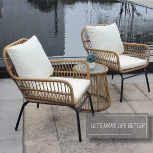 Backrest Wicker Chair Handmade Rattan Chair Outdoor Wicker Chair Set with Metal Feet, Pillows, Seat Cushions and Round Tempered Glass Table for Patio,Balcony,Backyard, Natural Color