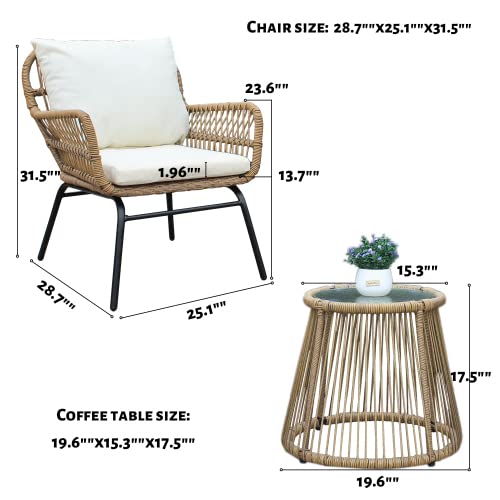 Backrest Wicker Chair Handmade Rattan Chair Outdoor Wicker Chair Set with Metal Feet, Pillows, Seat Cushions and Round Tempered Glass Table for Patio,Balcony,Backyard, Natural Color