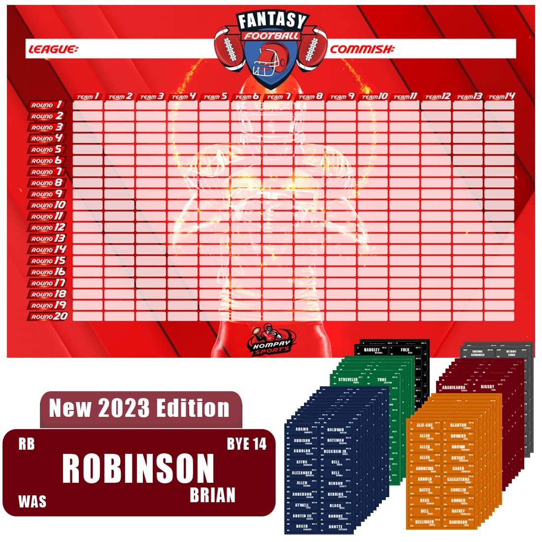 HOMPAY Fantasy Football Draft Board for The 2023-2024,6 Feet x 4 Feet Fantasy Football Draft kit，XL Board with 14 Teams, 20 Rounds (6 Feet X 4 Feet)