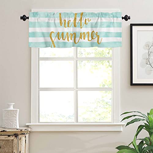 Laibao Kitchen Valance Curtain Hello Summer Gold Round Spots on Blue and White Stripes Rod Pocket Tier Curtain for Cafe Bathroom Semi-Sheer Window Treatment Valance for Bedroom Small Windows 54x18in