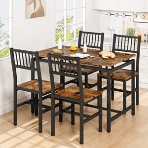 AWQM Dining Table and Chairs Set for 4, Industrial Kitchen Table and Chairs with Metal Frame, 5 Piece Dining Room Table Set for Breakfast, Dining, Kitchen - Rustic Brown