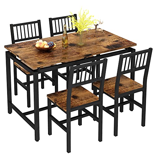 AWQM Dining Table and Chairs Set for 4, Industrial Kitchen Table and Chairs with Metal Frame, 5 Piece Dining Room Table Set for Breakfast, Dining, Kitchen - Rustic Brown