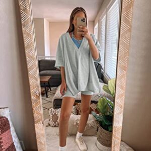 Lianlive 2 Piece Outfits Women's Oversized T-Shirts Biker Short Sets Hot Shot Reversible Set (LightGrey-L)